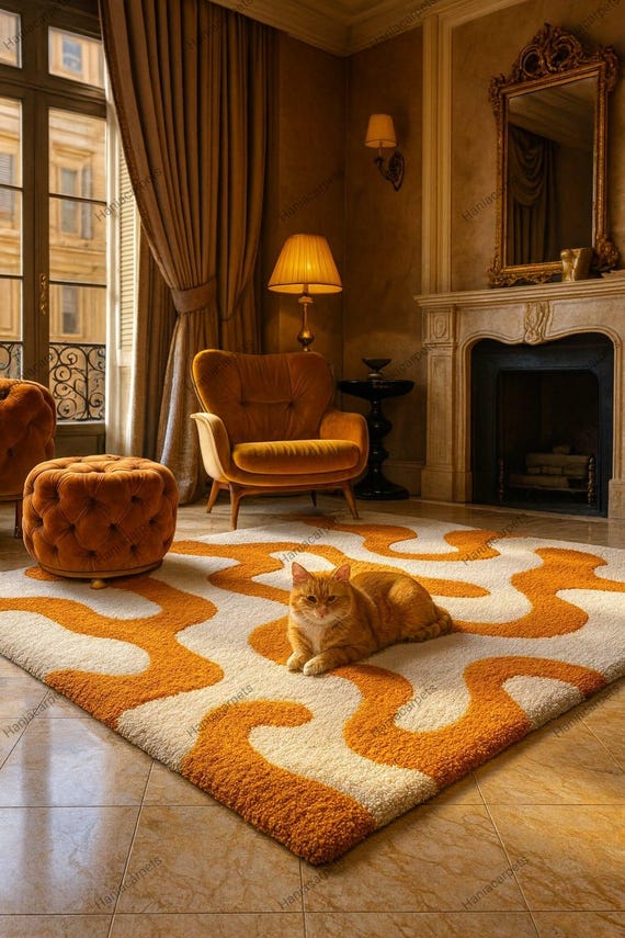 Retro Wavy Area Rug – Handmade Tufted Shag Carpet, 70s Mid Century