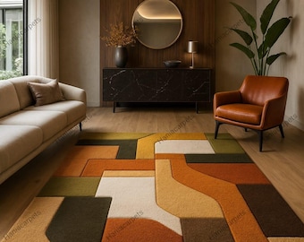 Rust And Olive Rug Geometric Area Rug, Olive Mustard Rust Colorblock, Mid-century Modern ...
