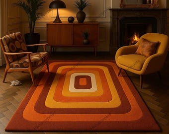 May include: A retro-style area rug with a square-in-square design in shades of orange, yellow, and cream. The rug is placed on a wooden floor, and the room features mid-century modern furniture, including a chair and a cabinet.