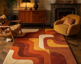 Retro Mid Century Shag Rug – 70s Geometric Orange Yellow Area Carpet, Vintage Plush Floor Mat for Living Room & Boho Decor