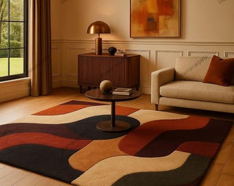 Retro jaren 70 geometrisch golftapijt – modern getuft shag-tapijt uit het midden van de eeuw | Vintage golvend accenttapijt | Groovy boho woonkamervloerdecoratie