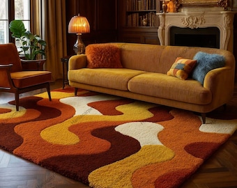 Retro Mid Century Shag Rug – 70s Geometric Orange Yellow Area Carpet, Vintage Plush Floor Mat for Living Room & Boho Decor