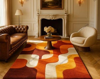 Retro Mid Century Shag Rug – 70s Geometric Orange Yellow Area