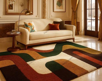 70s vintage シャギーラグ ミッドセンチュリー モダン 128×177 Retro Mid Century Shag Rug – 70s Geometric Orange Yellow Area