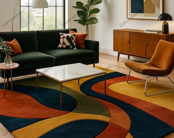 Hand Tufted Geometric Area Rug Burnt Orange | Mid Century Modern Carpet | Retro Abstract Living Room Rug Decor