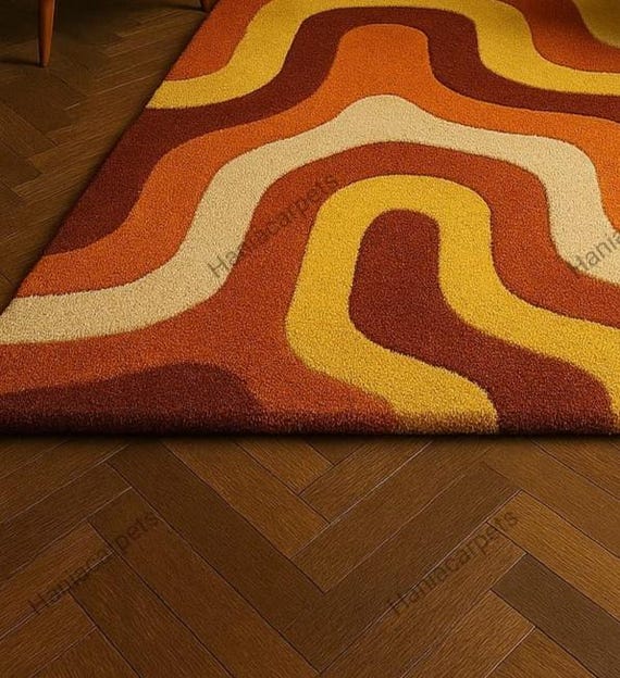 Retro Mid Century Shag Rug – 70s Geometric Orange Yellow Area
