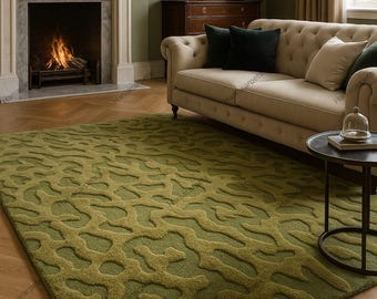 Moss Tufted Wool Rug – 3D Forest Floor Inspired Carpet, Handmade Organic Textured Area Rug, Custom Size Green Nature Aesthetic Decor