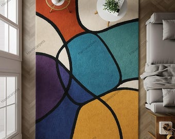 Multicolored Hand Tufted Wool Area Rugs, Vibrant Abstract Colourful Contemporary Rug for Bedroom Living Room, Modern 8x10 Handmade Carpets