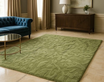 Moss Tufted Wool Rug – Handmade 3D Forest Floor Carpet, Custom Size Green Wool Area Rug, Nature Inspired Home Decor