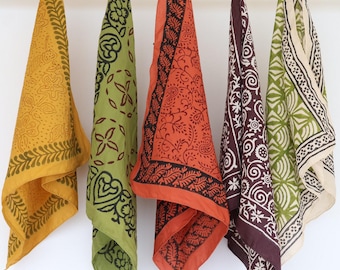 Hand Block Printed Cotton Bandana Set - Boho Head Scarf - Set of 5
