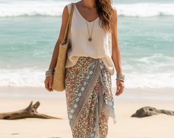 Pareo in cotone con stampa floreale fatto a mano: copricostume boho da spiaggia, pareo in cotone leggero ed ecologico / Abbigliamento da resort boho stampato a mano con blocchi di legno /
