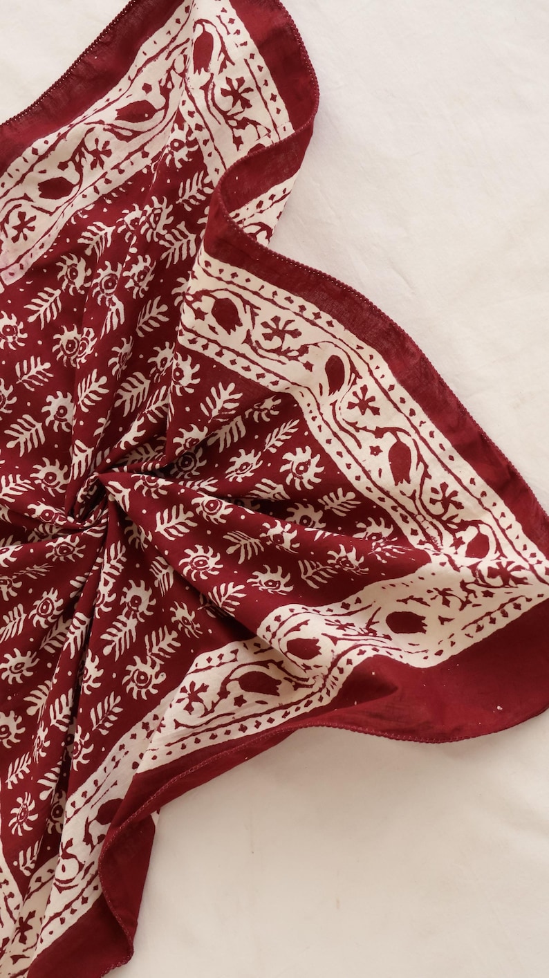 Hand Block Printed Cotton Bandana: Red Floral Boho Scarf | Eco-Friendly Head Wrap | Boho Hair Accessory Gift for Her thumbnail 5