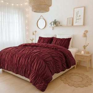 Burgundy Color Pure Cotton Wrinkle Quilt Cover, Comforter Cover, 100% Cotton Boho Quilt Cover, Bohemian Dorm Bedding Set Quilt Cover, Gift