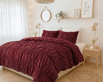 Funda de edredón de algodón puro color burdeos con diseño arrugado, funda de edredón, funda de edredón bohemia 100 % algodón, funda de edredón bohemia para dormitorio, regalo