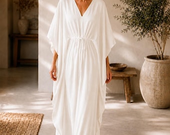 White Kaftan Maxi Dress for Women, Elegant Beach Cover Up, Boho Resort Wear Kaftan, Loose Fit Lounge Dress, Vacation Outfit, for Women |