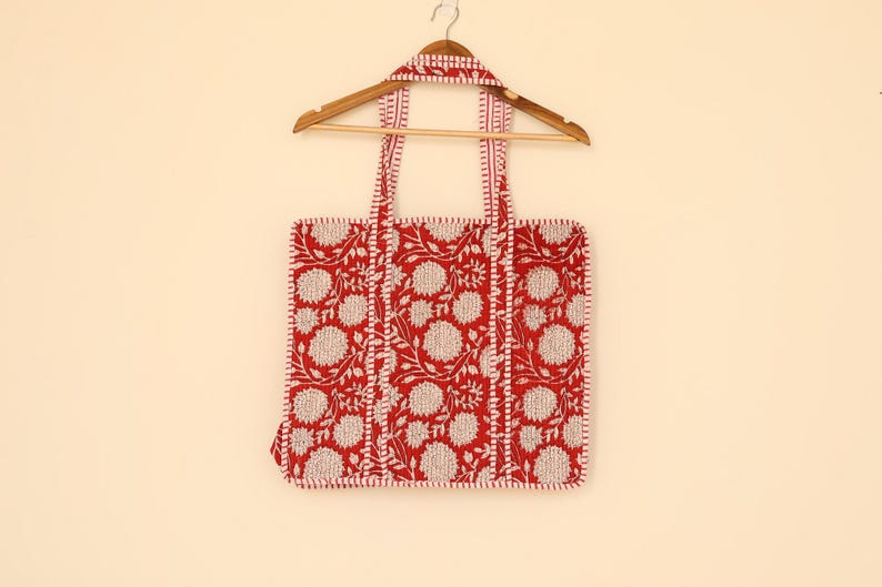 Hand Block Printed Tote Quilted Cotton Shoulder Bag, Red White Floral Handcrafted Tote / hopping Bag Daily Use Handbag / Quilted Market Bag thumbnail 5