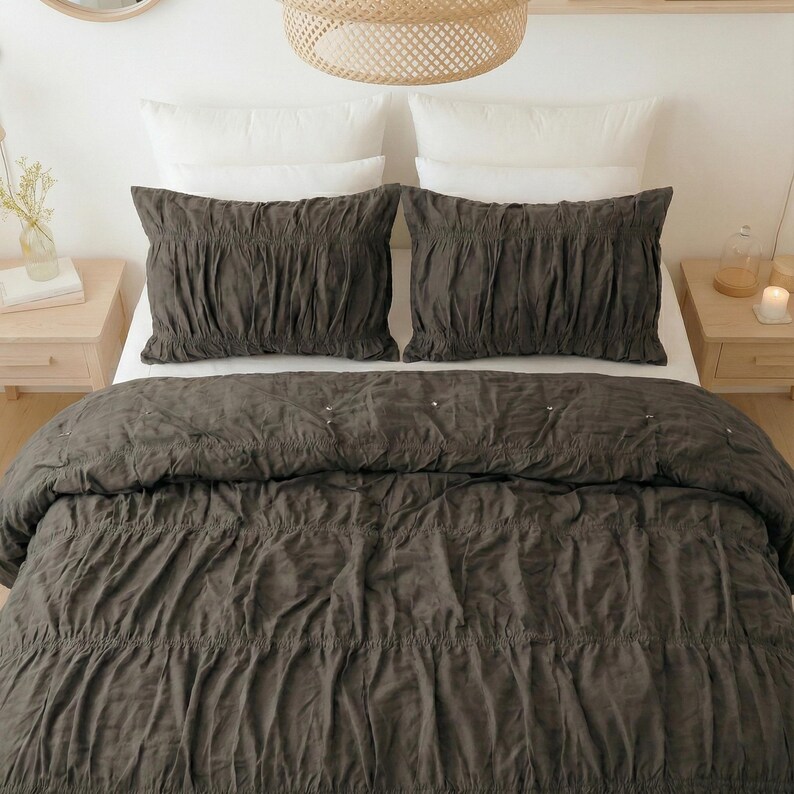 Charcoal Grey Color Pure Cotton Wrinkle Quilt Cover, Comforter Cover, 100% Cotton Boho Quilt Cover, Bohemian Dorm Bedding Set Quilt Cover thumbnail 3
