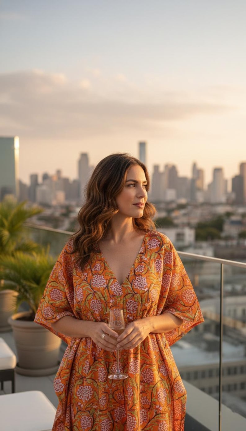 Bright Orange Printed Kaftan – Soft Cotton Beach & Holiday Wear,Summer Resort Wear, Beach Cover Up, Loune wear Dress, Bohemian Summer Kaftan thumbnail 2