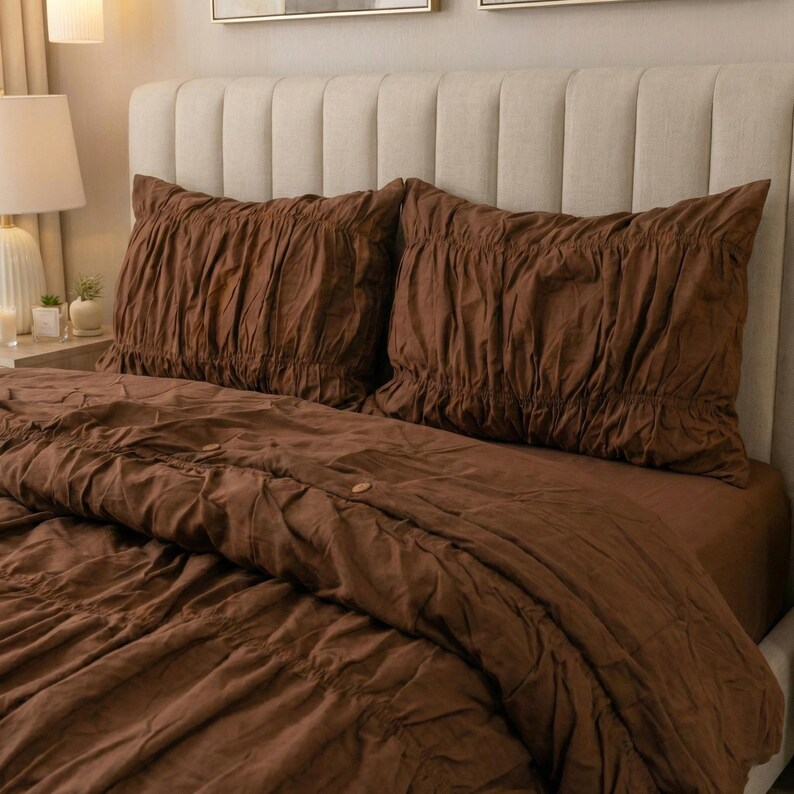 Brown Wrinkle Duvet Cover, Soft Cotton Ruched Bedding Set, Farmhouse Comforter Cover, Bedroom Decor | Soft Comforter Cover for Bedroom thumbnail 3