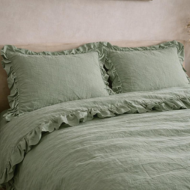 Sage Green Washed Linen Ruffle Duvet Cover Set – 100% Natural Linen, Soft Breathable Bedding, Farmhouse King and Queen Bedroom duvet cover thumbnail 2