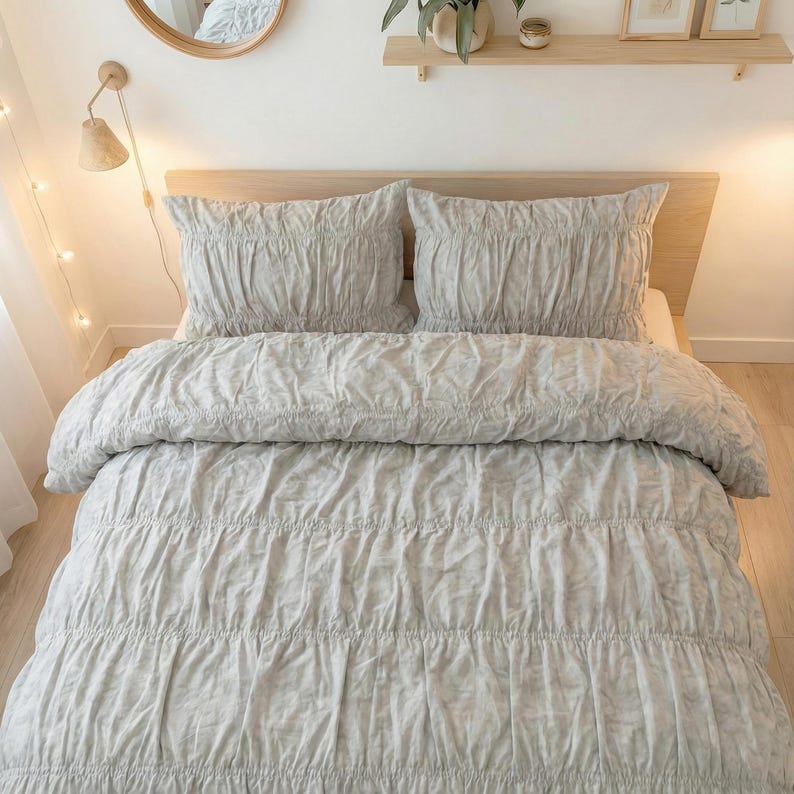 Light Gray Cotton Cover Set,Wrinkle Duvet Cover,Boho Queen King Twin Dorm Bedding Set, Vintage Textured Bed Cover,Breathable Comforter Cover thumbnail 3