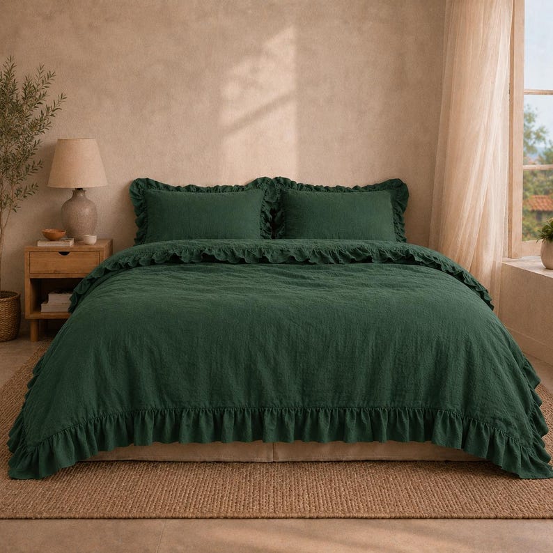 Dark Green Linen Ruffle Duvet Cover Set, Rustic Farmhouse Bedding, Washed Linen Comforter Cover with Ruffled Edges, Boho Bedroom Decor thumbnail 2