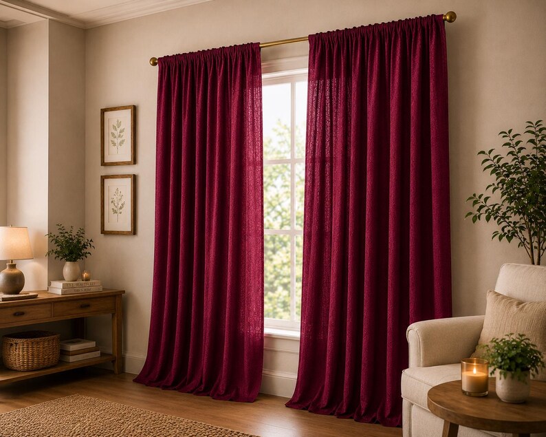 Burgundy Linen Curtain Panel – Window Drape,Rustic Farmhouse Curtain, Custom Length Linen Blend Drapes,Light Filtering Curtains for Bedroom thumbnail 3