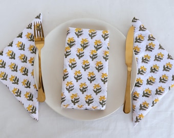Yellow Floral Print Cotton Napkins: Hand Block Printed Table Linen