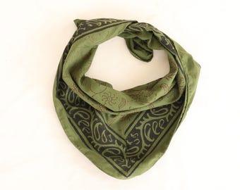 Olive Green Hand Block Printed Cotton Bandana: Bohemian Head Scarf | Eco Friendly Organic Cotton Kerchief | Sustainable Hair Scarf for Women