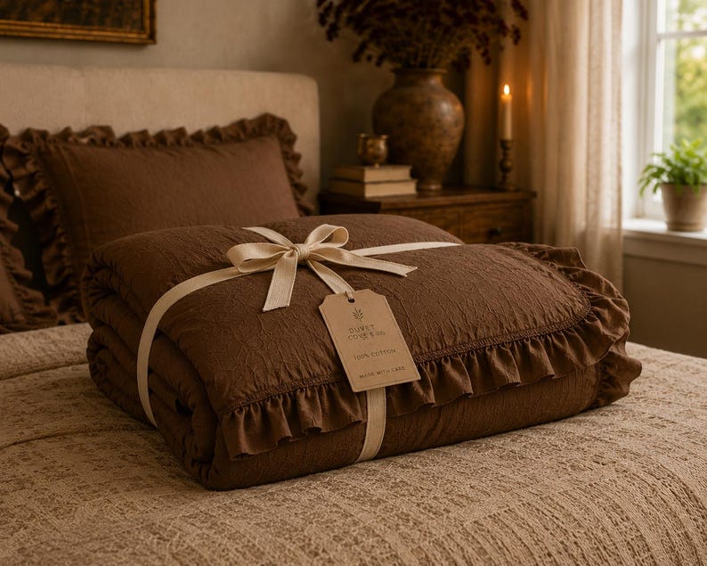 Dark Brown Ruffled Duvet Cover | Cottagecore Bedding Set | Romantic Bedroom Decor | Bedding with King size | Vintage Style Bedding ~ thumbnail 4