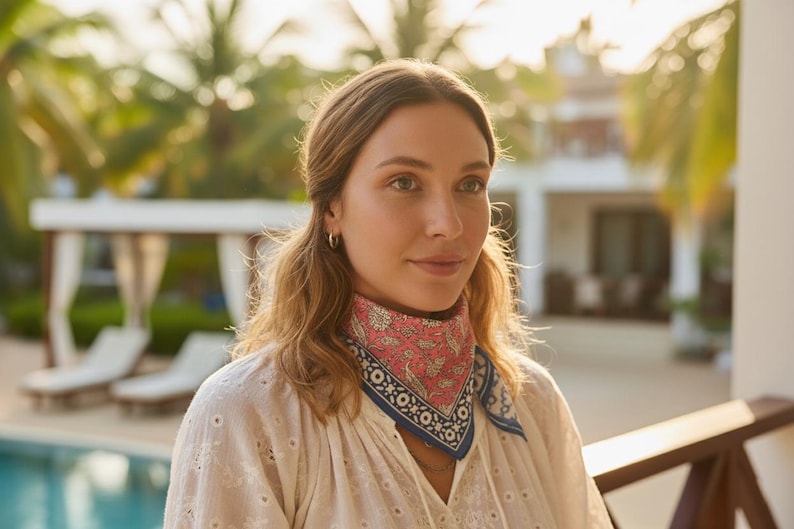 Hand Block Print Cotton Bandana Scarf: Boho Summer Head & Neck Scarf thumbnail 2