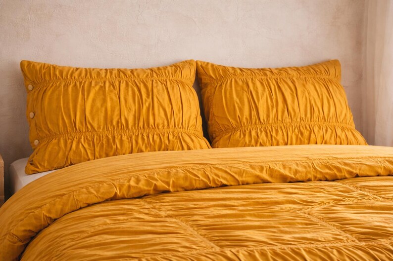 Mustard Yellow Duvet Cover Set – Soft Washed Cotton Ruffle Bedding,Duvet Cover Set with Pillow Cover Minimalist Bedroom Decor, Gift For Her thumbnail 3