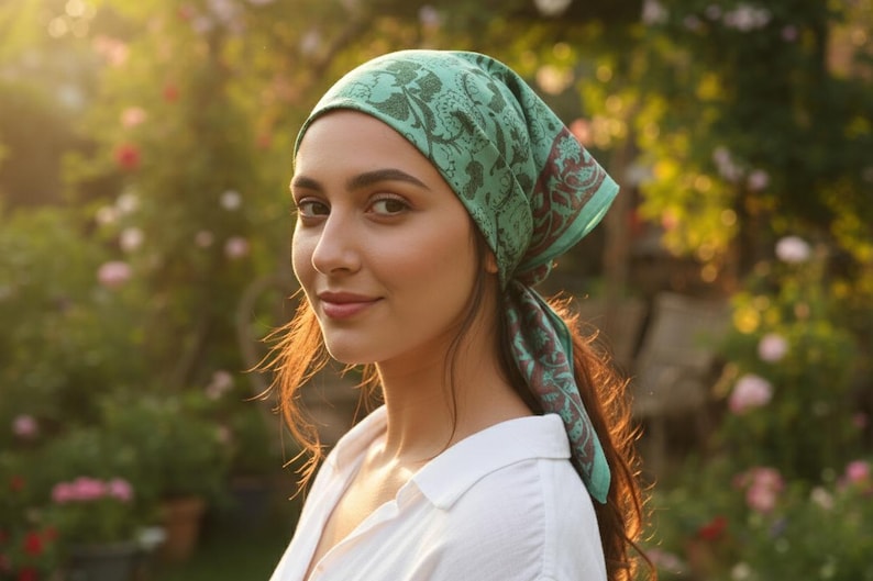 May include: A green and brown patterned headscarf is worn over the head. The headscarf is tied at the back of the head. The person is wearing a white collared shirt. The background is a garden with flowers.