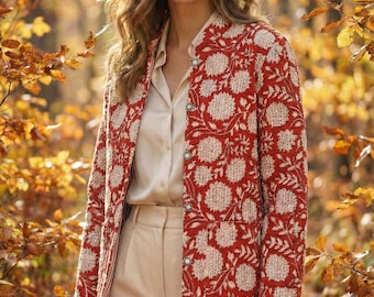 Block Printed Quilted Jacket for Women, Cotton Floral Print Jacket, Indian Jacket, Handmade Jacket,  Full Sleeve Boho Waistcoat for Women