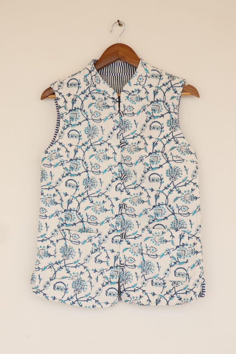 Blush Bloom Floral Cotton Jacket| Block Print Sleeveless Jacket | vintage-Inspired Floral Quilted Jacket – Handcrafted Cotton Wear,Cotton thumbnail 4