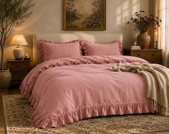 Ensemble housse de couette en lin rose poudré avec bordure à volants | Literie en lin lavé doux | Housse de couette et taies d'oreiller à volants | Style campagnard français |