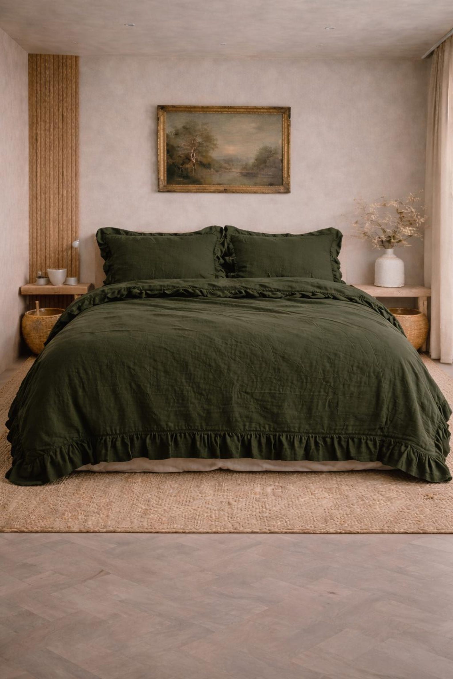 Dark Moss Green Vintage Ruffle Bedding Set – Cozy Cottage Style ...