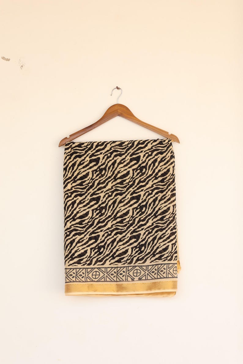 Hand Block Printed Zari Border Sarong | Black & Beige Animal Print Cotton Wrap | Artisan Beachwear Pareo | Cotton Beach Wrap, Wrap Skirt thumbnail 5