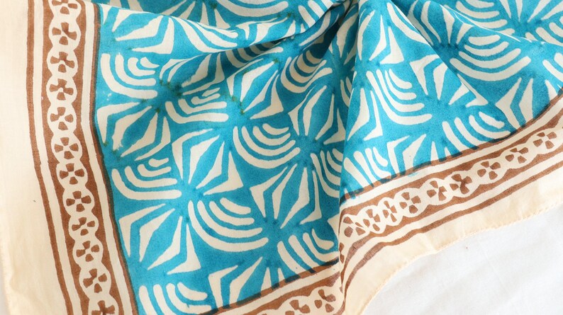 Hand Block Printed Cotton Bandana: Blue Floral Geometric Scarf | Natural Cotton Scarf | Boho Bandana for Hair, Neck, Pet, Gift for Her thumbnail 3