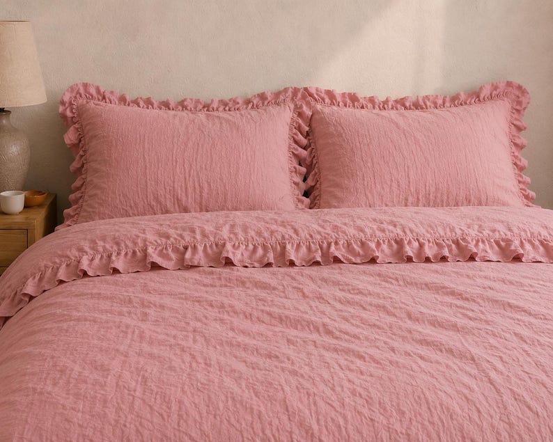 Blush Pink Ruffled Linen Duvet Cover Set – Soft Washed Natural Linen Bedding, Vintage Farmhouse Bedding with King size,Linen Comforter Cover thumbnail 4