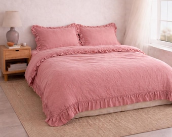 Dusty Rose Linen Duvet Cover with Ruffles | Vintage Style Bedding Set,Soft Washed Linen Quilt Cover, Queen Bedding Set Linen Bed Duvet Cover