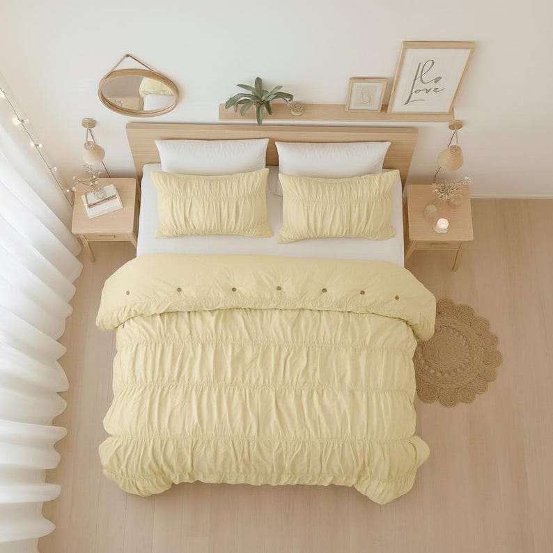 Yellow pesteal Color Pure Cotton Wrinkle Quilt Cover, Comforter Cover, 100% Cotton Boho Quilt Cover, Bohemian Dorm Bedding Set Cover Gift thumbnail 4