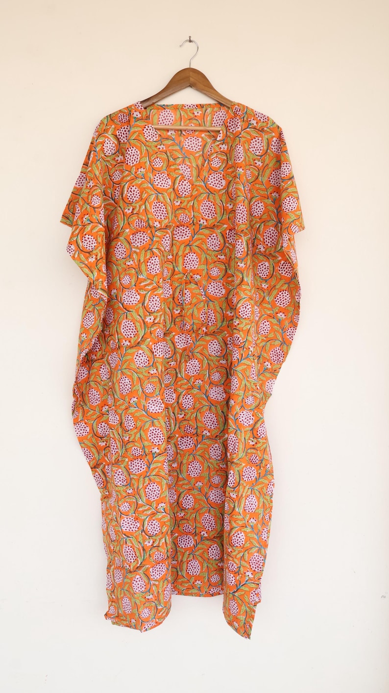 Bright Orange Printed Kaftan – Soft Cotton Beach & Holiday Wear,Summer Resort Wear, Beach Cover Up, Loune wear Dress, Bohemian Summer Kaftan thumbnail 4