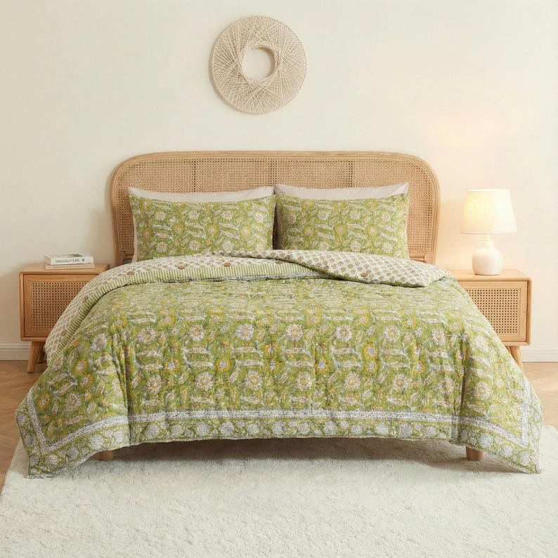 Hand Block Print Quilt Cover, Comforter Cover Set Printed Fabric Quilt Cover Set, Green Floral cotton Quilt Cover Set cotton Quilt Cover thumbnail 3
