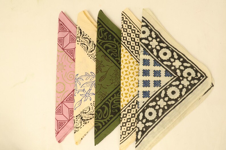 Organic Cotton Bandana Scarves Set: Hand Block Print, Boho Hair Wrap | Handmade, Eco-Friendly, Hair Wrap, Gift for Her, Boho Accessories thumbnail 3