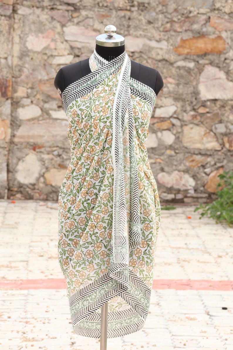 Hand Block Printed Cotton Sarong, Beach Wrap Pareo, Long Scarf, Large Sarong, Cover up, Soft Fabric Scarf, Boho Fashion Shawl Beach Sarong thumbnail 3