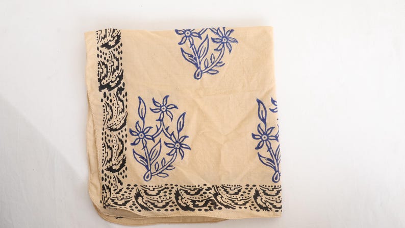 Hand Block Printed Cotton Bandana: Beige & Blue Floral Scarf thumbnail 3