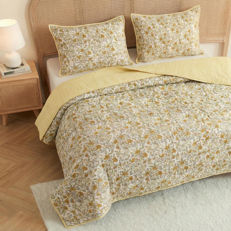 Indian Cotton Hand Block Printed Quilt, Comforter Quilt, Cotton Winter Warm Razai Coverlet Quilt Blanket, Bedding Coverlet Oversized Quilt thumbnail 4