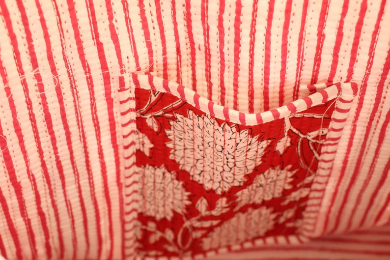 Hand Block Printed Tote Quilted Cotton Shoulder Bag, Red White Floral Handcrafted Tote / hopping Bag Daily Use Handbag / Quilted Market Bag thumbnail 4
