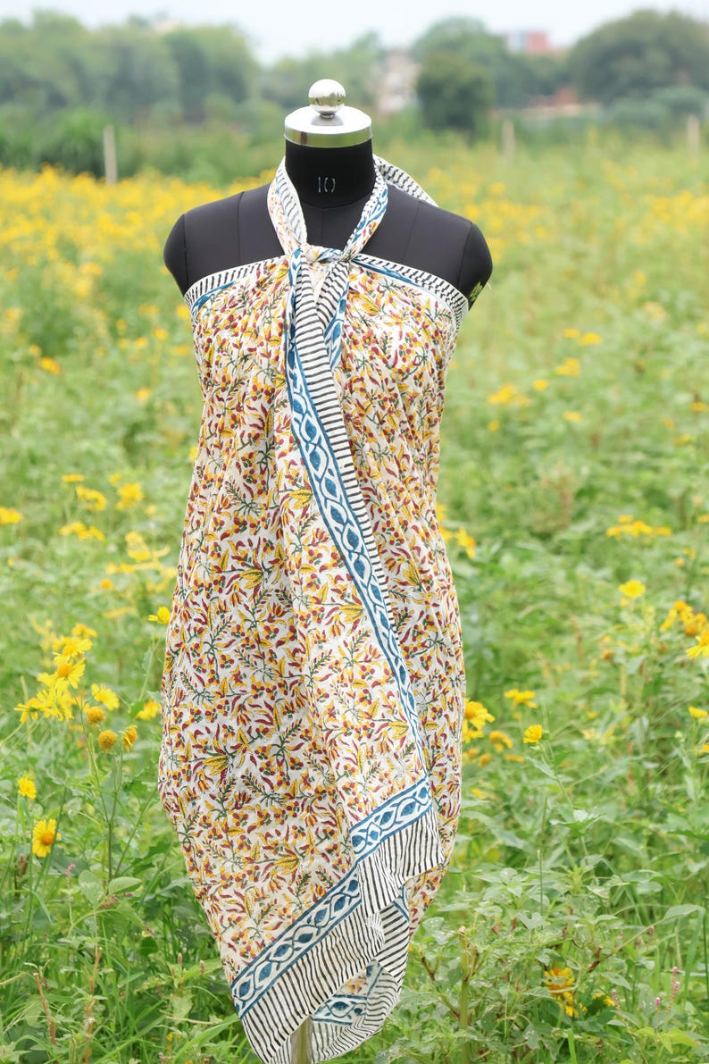 Floral Block Print Cotton Sarong: Handmade Boho Beach Cover-Up, Floral Beach Wrap, Eco Friendly Resort Wear, Lightweight Sarong summer Scarf thumbnail 2